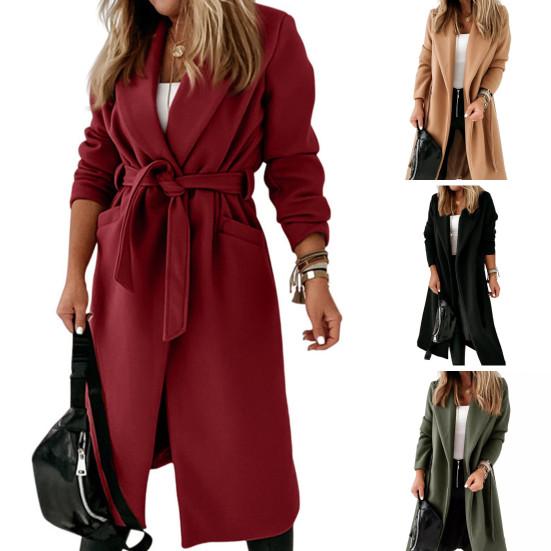 Зимнее шерстяное женское пальто с поясом на шнуровке, свободное однотонное пальто с отложным воротником, кардиган с длинными рукавами, средней длины, куртка для свиданий и поездок на работу