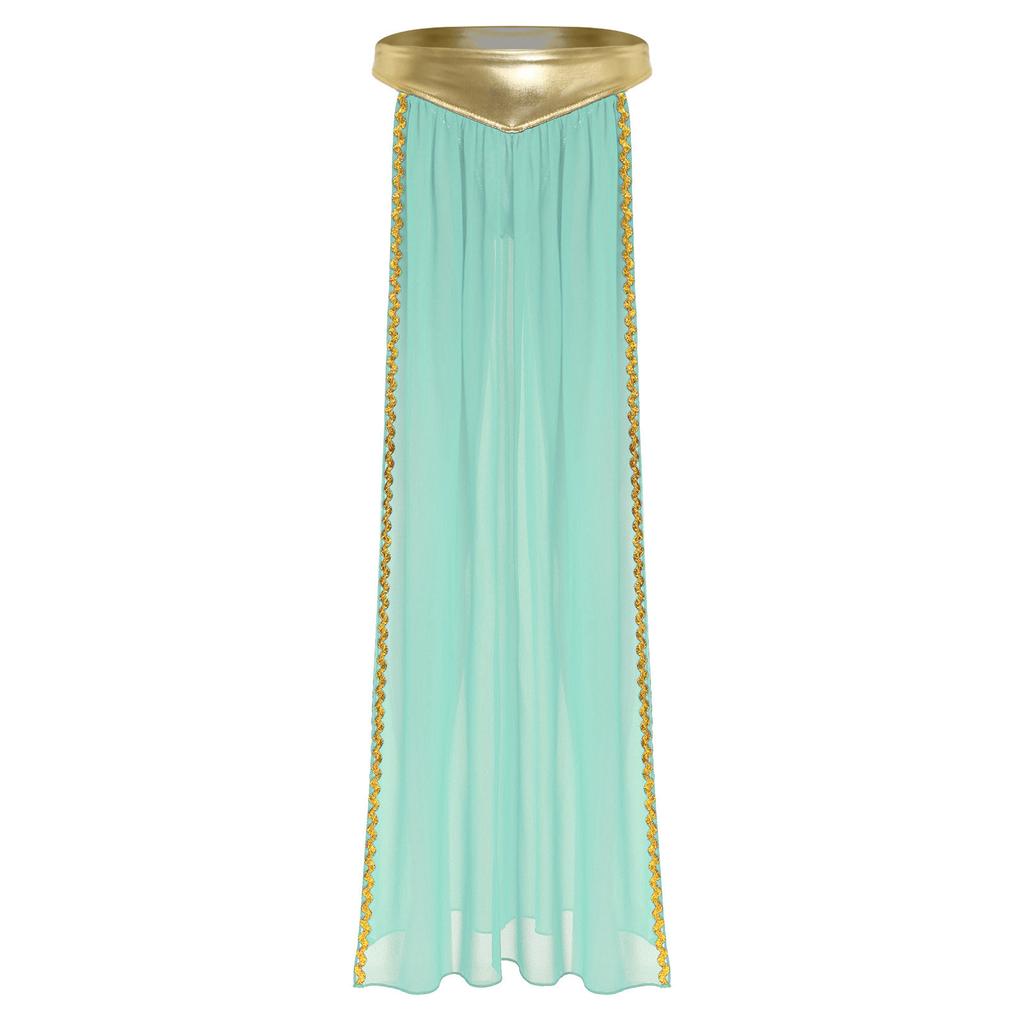 Womens Ancient Queen Costume Briefs Chiffon Skirt Metallic Shiny Side Slit Gold Trims Halloween Outfit