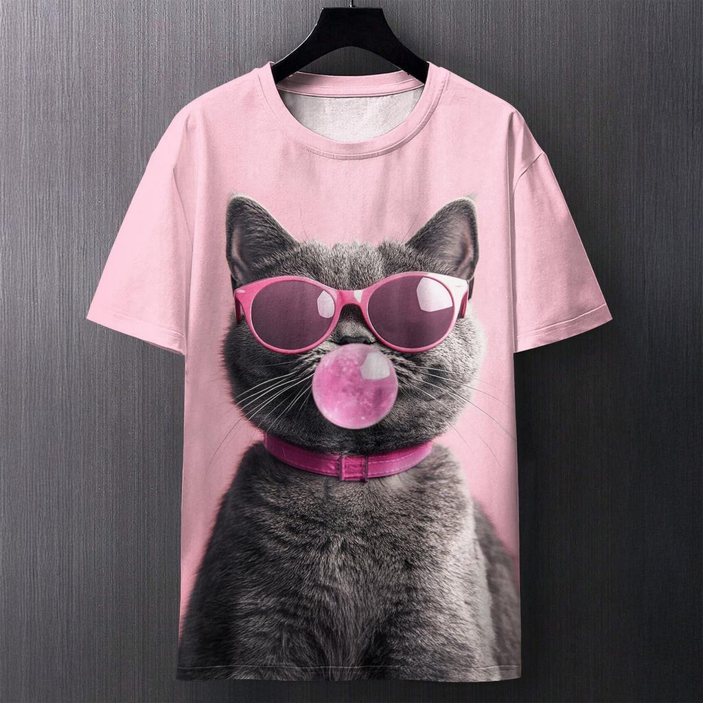 Fun Cat Pattern Printed T-shirt Summer Casual Loose Round Neck Short Sleeved Men's T-shirts