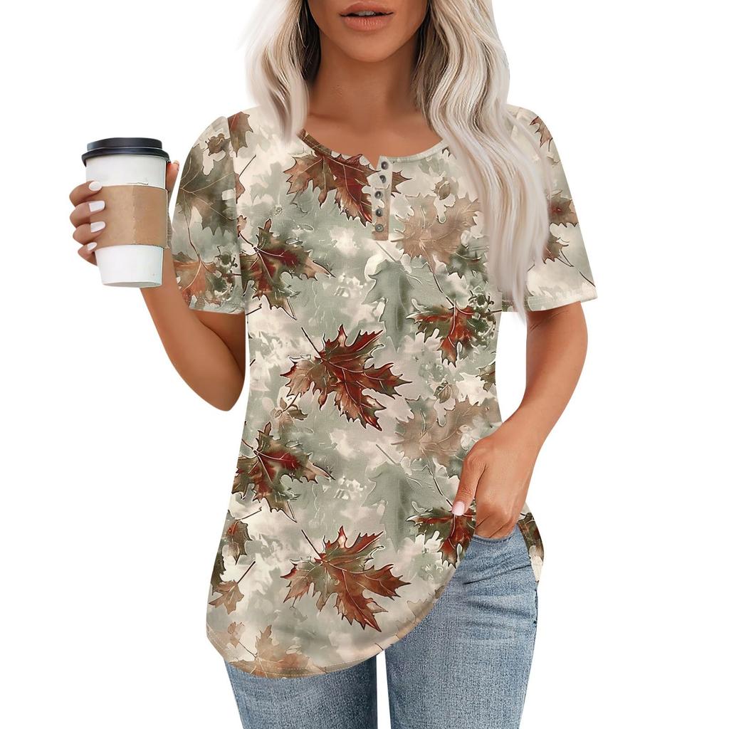 Женский модный повседневный короткий рукав пуловер с принтом на пуговицах и круглым вырезом