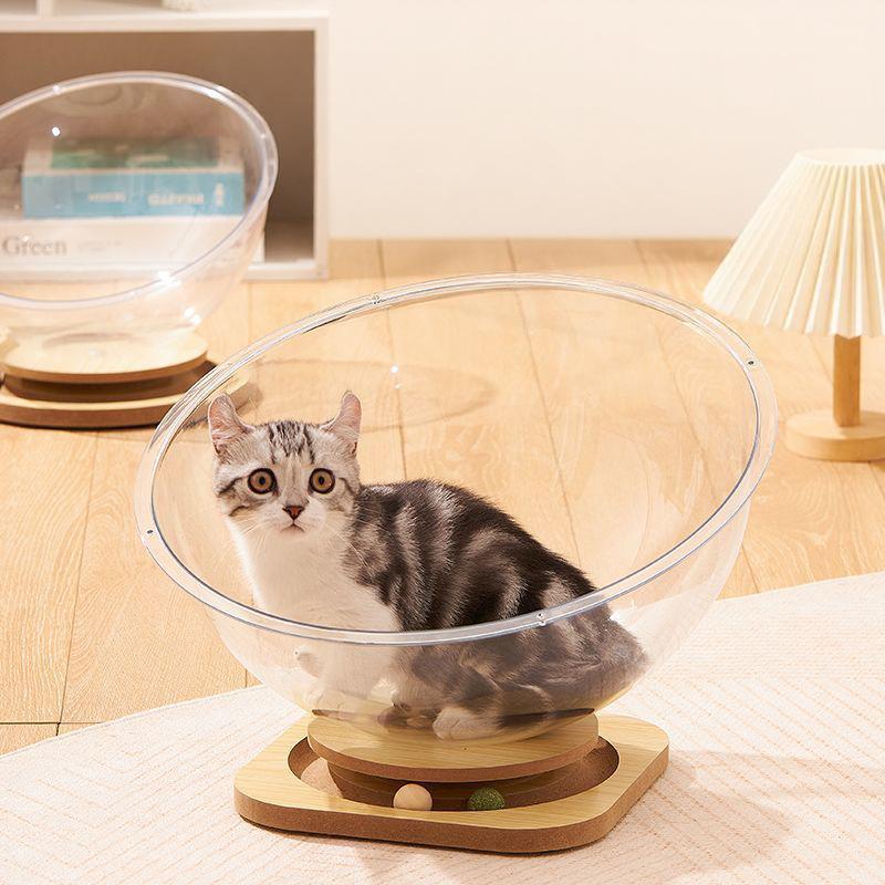 Домик для кошки Кошачий комплекс Космическая капсула Кошачье гнездо Лежанка для питомца Кровать для кошки Игрушки для кошек Массив дерева Акрил Вращающаяся платформа