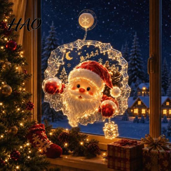 Holiday Home Decor Christmas Suction Cup Window Light, 7.8-Inch Double-Layer Warm LED Winter Decoration Battery Powered Hanging Light for Glass