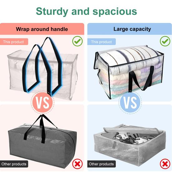 Large Capacity Moving Clear Bag Portable Handle Zipper Heavy Duty Foldable Multifunctional Quilt Clothes Blanket Storage Organizer Pouch Travel Duffle