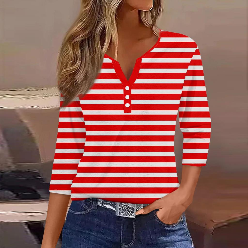 Жен. Футболка Футболка С принтом Пуговицы Рукав 3/4Ежедневно Выходные Мода Классический Топ с v-образным вырезом Обычный
