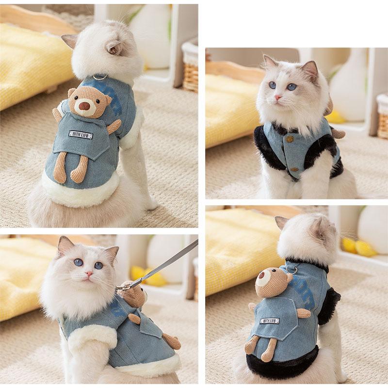 Милая кошачья одежда флис утолщенный деним в кошка котенок маленькая собака щенок собака теплый жилет одежда для питомца