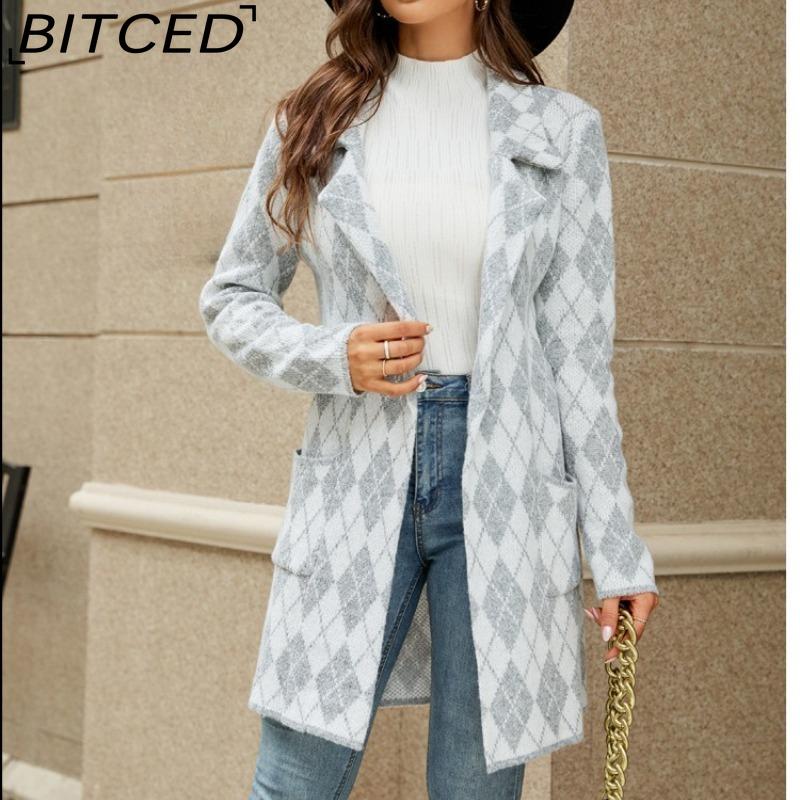 BITCED Autumn/Winter Long-Line Sweater: Colour-Blocked Houndstooth Knit Cardigan with Elegant Commuter Style Tailored Blazer with Suit Collar