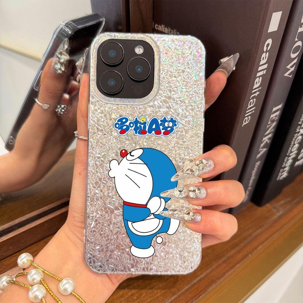 Свободный чехол Дораэмон для iphone 15 Air 17 Pro XS Max 14 XR 12 16 Plus 11 18 Pro Max 13 Серебристый фон с трещинами и блестками