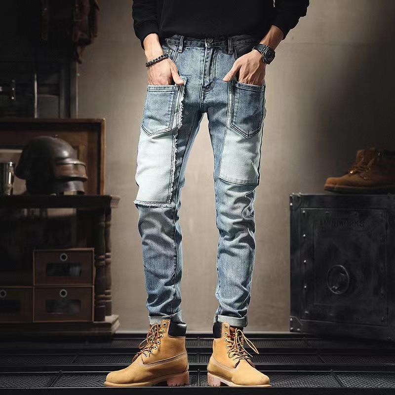 Модные брендовые джинсы в стиле пэчворк, мужские персонализированные джинсы с несколькими карманами, модные облегающие узкие брюки, эластичные брюки контрастного цвета