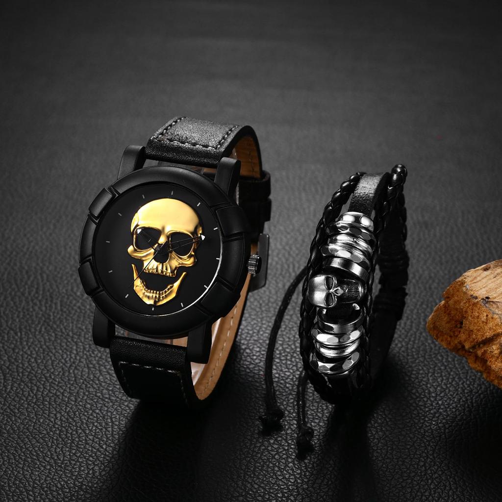 Skull Watch Bracelet for Rock Accessory Halloween Gift Men, 2-Piece Set, Punk, Skull, Leather, Strap, Analog, Waterproof, Black, Gothic, -
