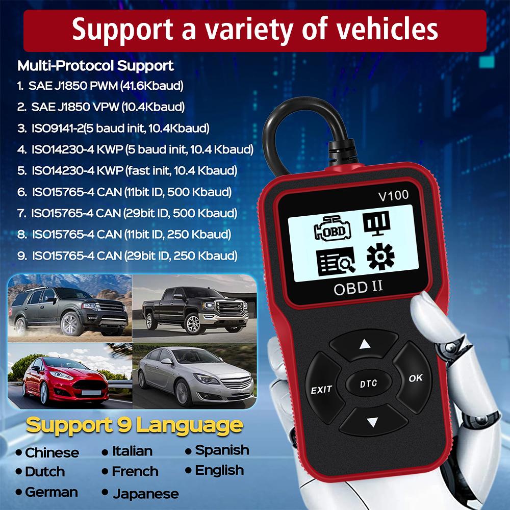 Цифровой дисплей, автоаксессуары, 16-контактный OBD2, считыватель кодов, диагностические инструменты для автомобилей, Plug and Play, OBD 2, сканер V100, универсальный