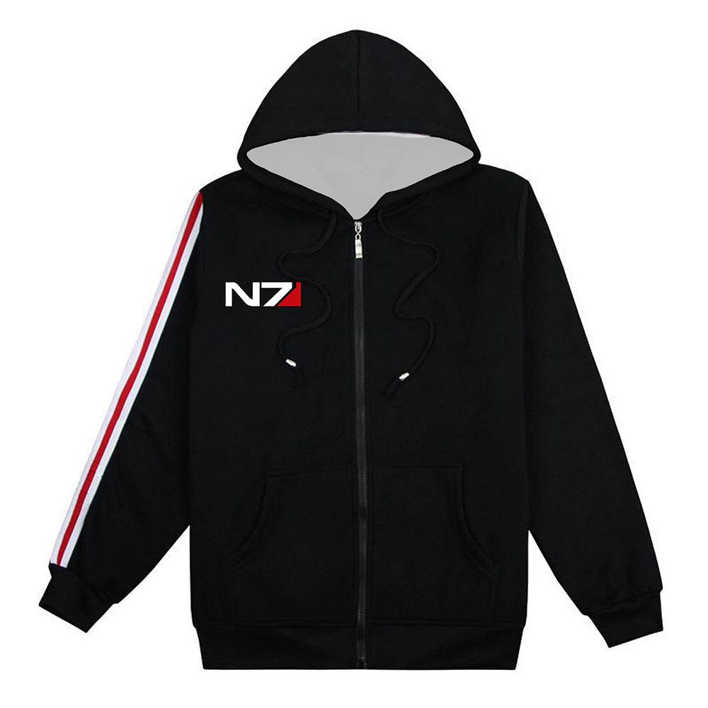 Толстовки на молнии Mass Effect N7 для мужчин Черный Косплей Костюм Свитшот с длинным рукавом Унисекс Повседневная куртка на молнии Карман Sudaderas