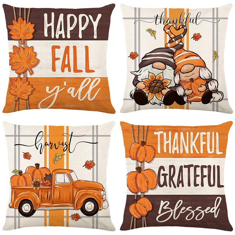 Thanksgiving Pillow Cover Fall Yellow Maple Leaf Linen Print Sofa Cushion Cover Bedroom Pillow Cover