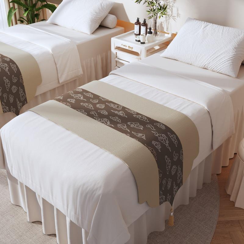 Beauty Salon Chinese Bed Flag Dust Proof Bed Cover Massage Foot Massage Bed End Towel Zen Inspired Decorative Long Bed Blanket Tassel Linen Fabric