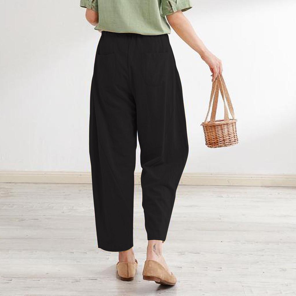 Women's Solid Color Large Size Loose Pocket Cotton Linen Casual Trousers