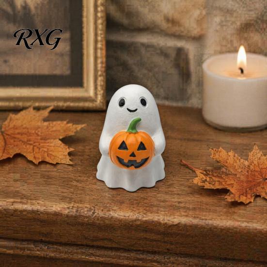Hand Painted Resin Ghost Halloween Pumpkin Ornaments, Smiling Desktop Decorations for Home Portable Desk Figurine Office Party Decor, Cute Healing