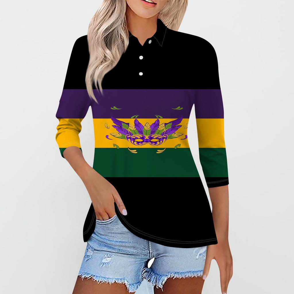 Женская модная повседневная рубашка с короткими рукавами 3/4 с лацканами и принтом, женские топы на пуговицах