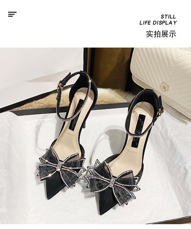 Туфли на высоком каблуке со стразами и бантом, женские, новинка 2025 года, весна-осень, заостренный носок, красная сетка, тонкая сандалия на высоком каблуке, стиль феи