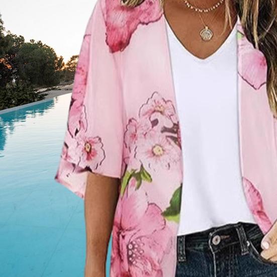 Women Beach Shirt 45720 Sleeve Mid-length Sunscreen Tops Floral Print Breathable Loose Fit Beach Shawl