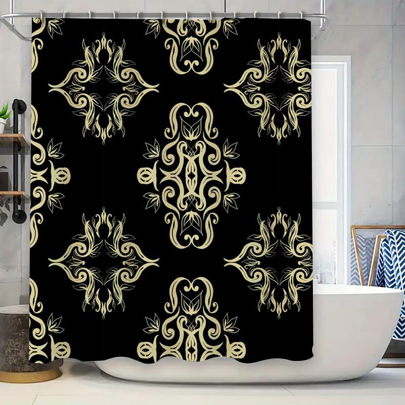 Luxury Golden Floral Print Bathroom Shower Curtain Modern European Style Decor Home Decoration Waterproof Fabric Black and Gold
