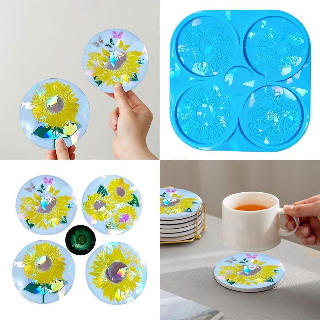Holographic Resin Coaster Mold Flower Pattern Coaster Moulds Resin Casting Coaster Mold Silicone Molds for Hand Making Clear