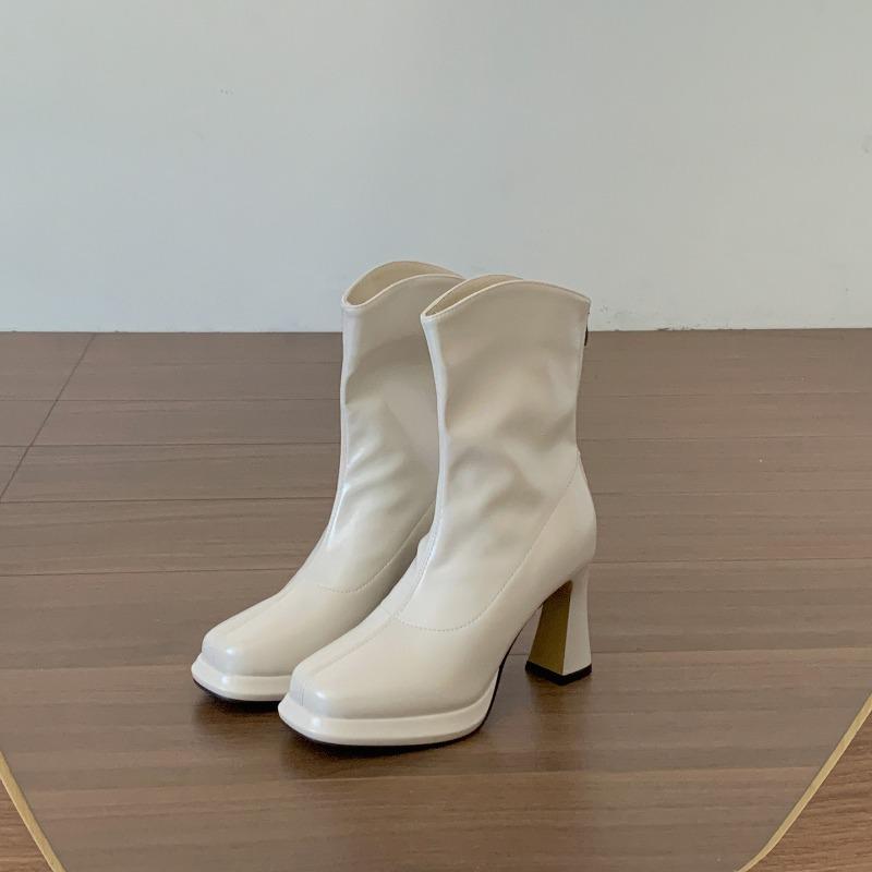 Winter Platform Thick Heel Women Ankle Boots Fashion Square Toe Zippers Shoes Female Stretch Slim Short Booties De Muje