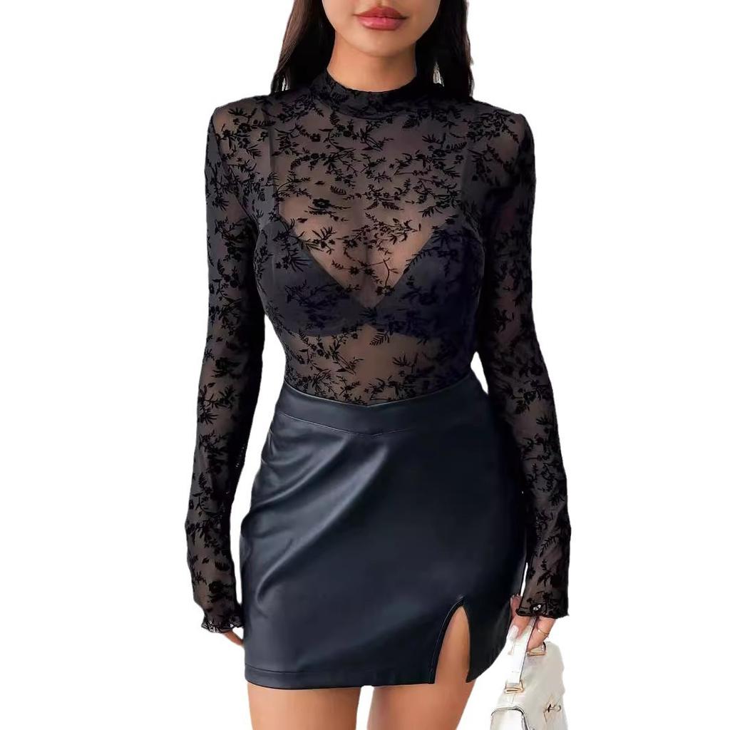 Новая однослойная сетчатая футболка с коротким воротником-стойкой и флокированным принтом, длинный рукав, женская футболка