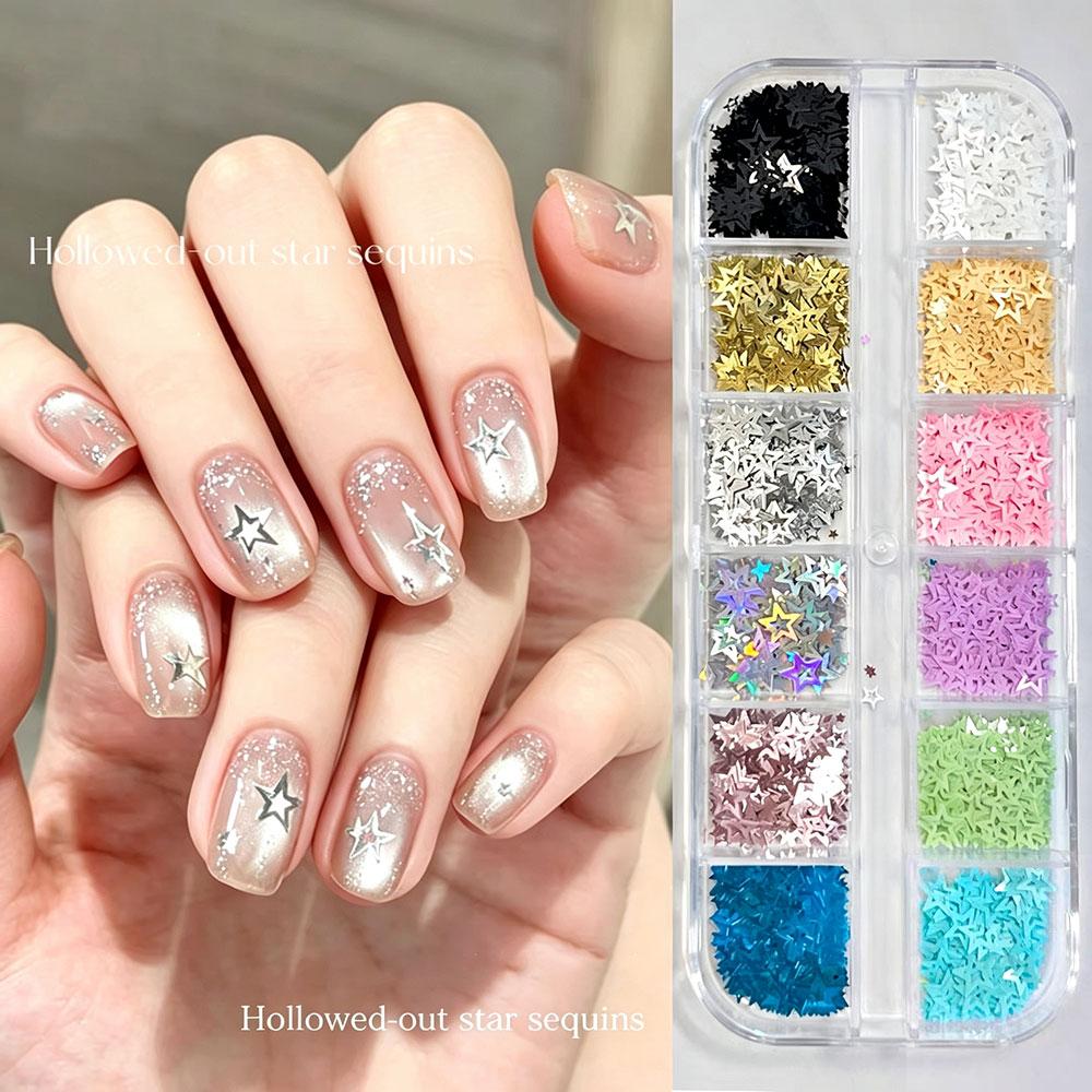 1box 3D Holographic Laser Hollow Star Nail Flakes 12colors Colorful Five-Pointed Star Nail Art Squins Sparkle Star Nail Stickers
