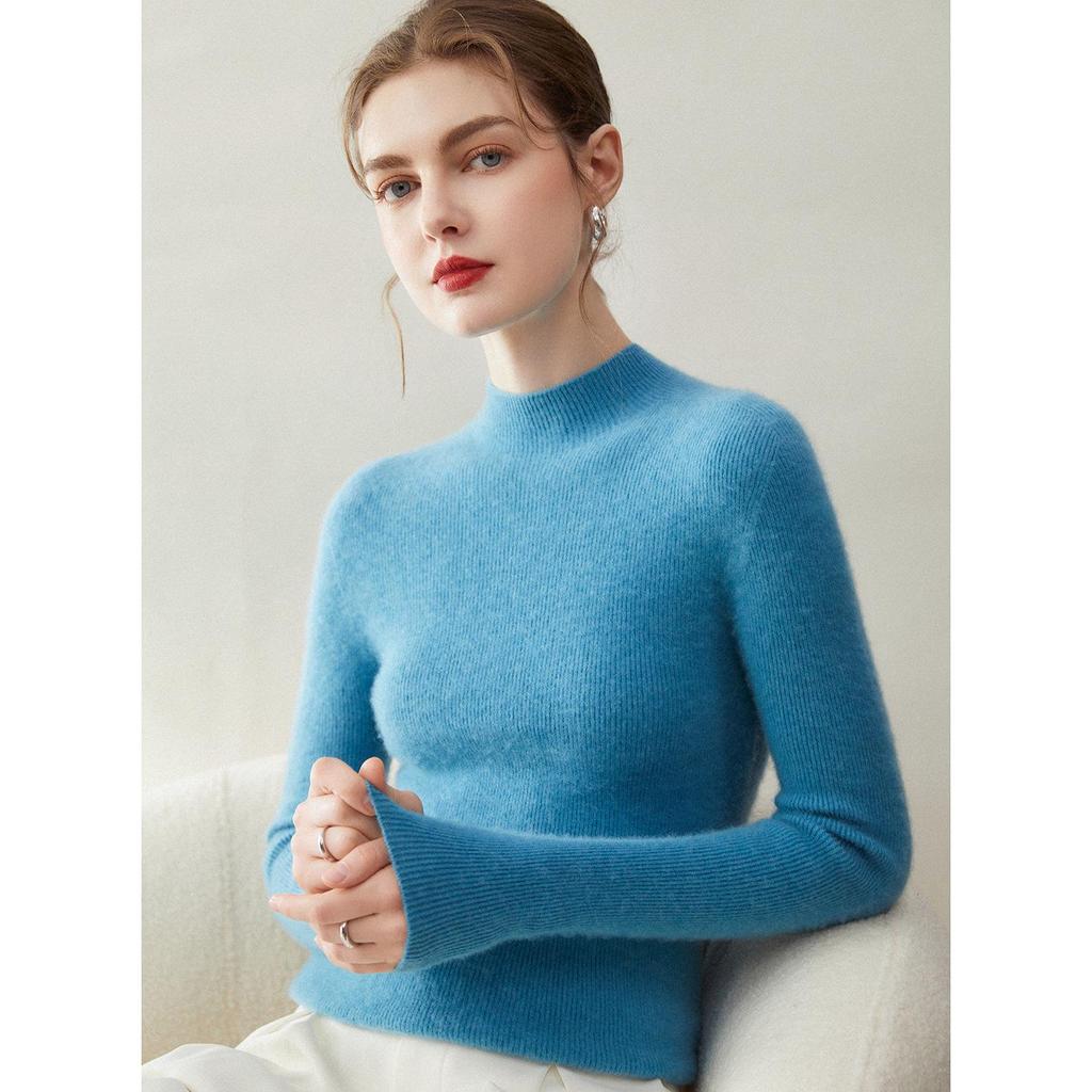 Premium Seamless 100% Cashmere Women's Ribbed Slim Fit Half-High Neck Sweater