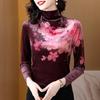 Middle-aged Mother Half Turtleneck Velvet Printed Long-sleeved T-shirt for Women's Spring Shirt Temperament Age-reducing Top
