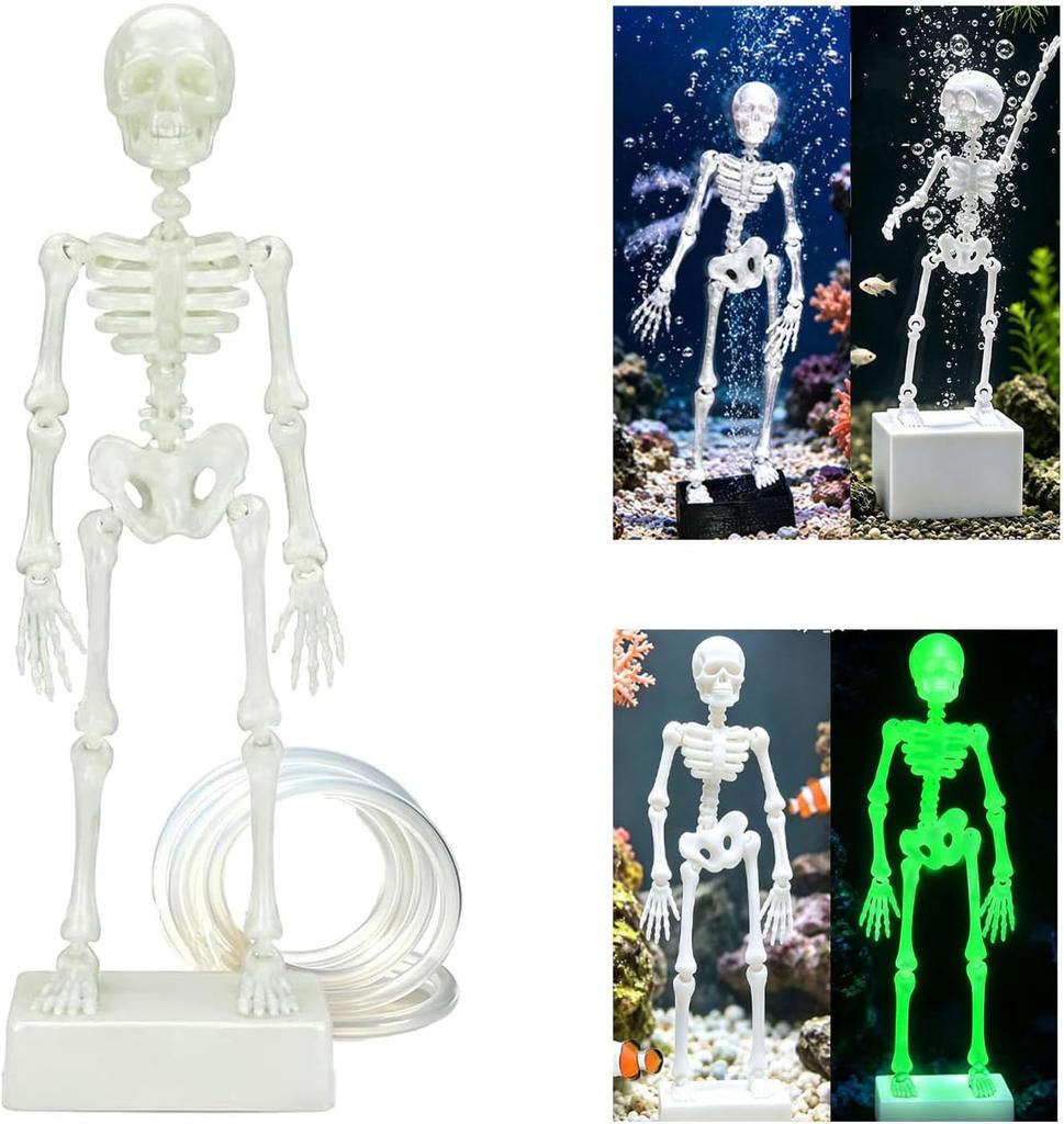Dancing Skeleton Aquarium Bubbler 17cm Multi-Joint Moving Skull Ornament With Air Hose Glow-in-the-Dark Oxygenating Decor for Halloween Fish Tank