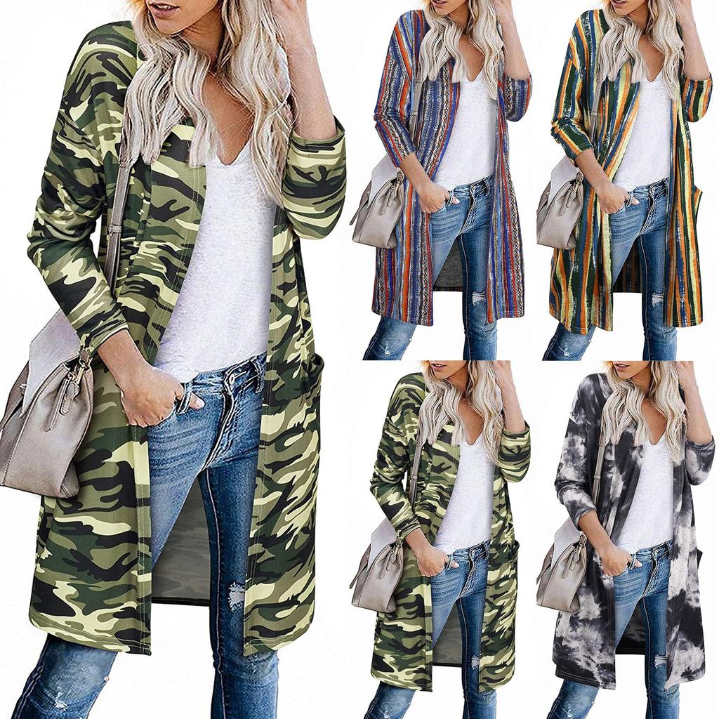 Women's Fashion Casual Printed Pocket Cardigan Medium And Long Coat