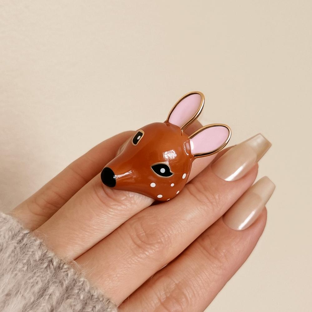Creative Geometric Deer Drip Oil Ring Brown Opening Enamel Ring Animal Minority Design Chunky Animal Ring Decoration