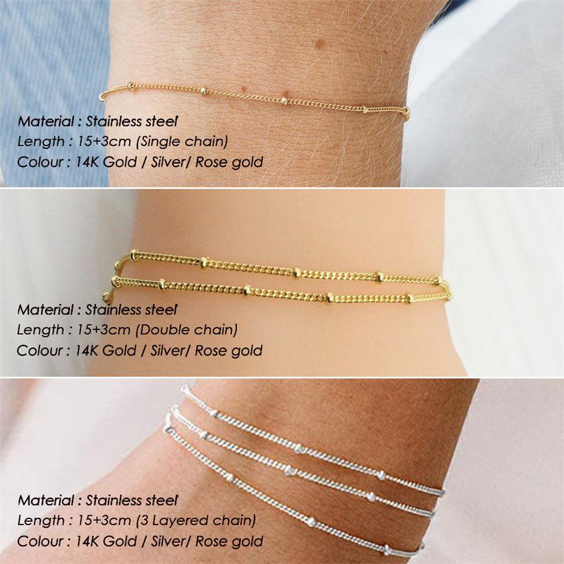 Elegant Women's Multi-Layer Beaded Bracelet - Stainless Steel 14K Gold Non-Fading Thin Chain Jewelry