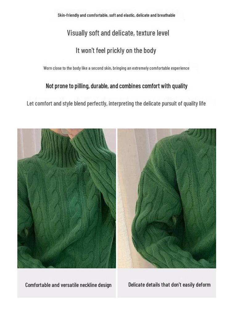 Women's High-Neck Wool Sweater - 100% Pure Wool, Cable Knit, Thick, Fashionable, Elegant Cashmere Base Layer Knitwear