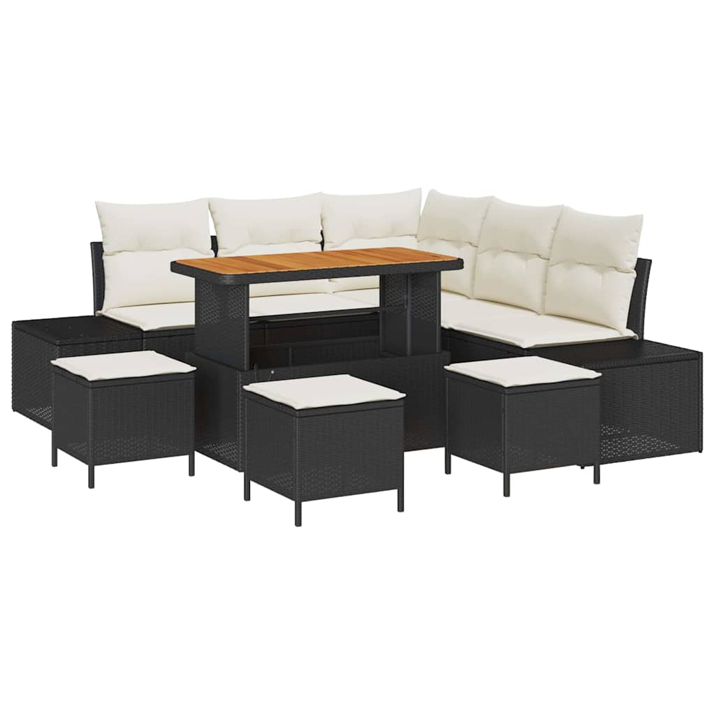 9 Piece Garden Sofa Set with Cushions Black Poly Rattan