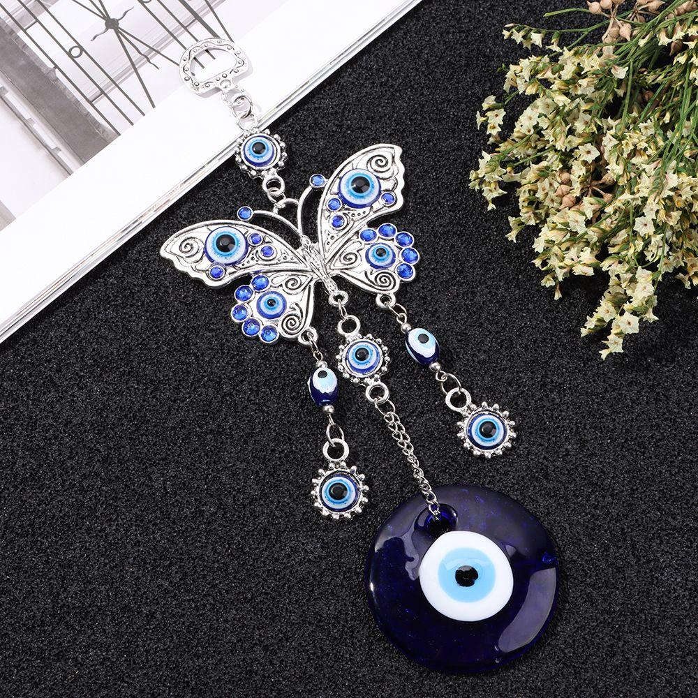 Horseshoe with Elephant Glass Decoration Hemp Rope Hanging Ornament Evil Eye Navy Blue Butterfly