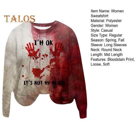 Women Sweatshirt 3D Bloodstain Print Round Neck Casual Halloween Haunted House Cosplay Top Long Sleeves Loose Hoodie