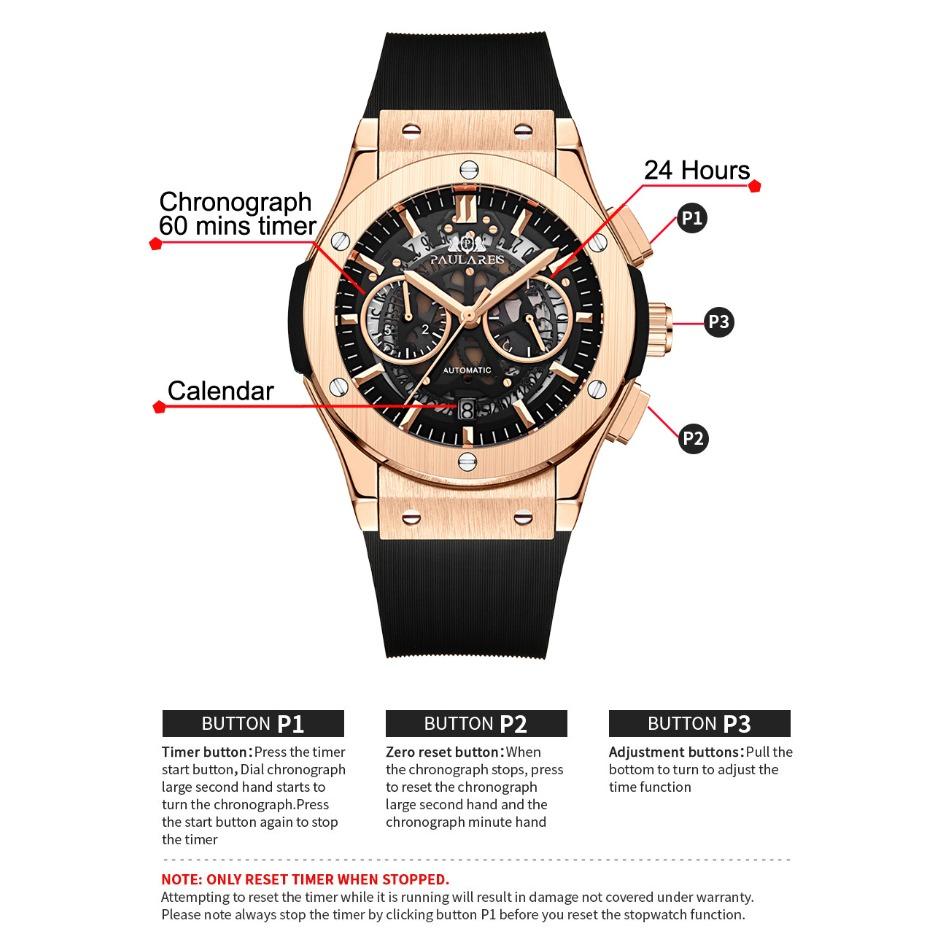 Paulareis Rubber Strap Multifunctional Running Seconds Chronograph Rose Gold Quartz Men's Watch