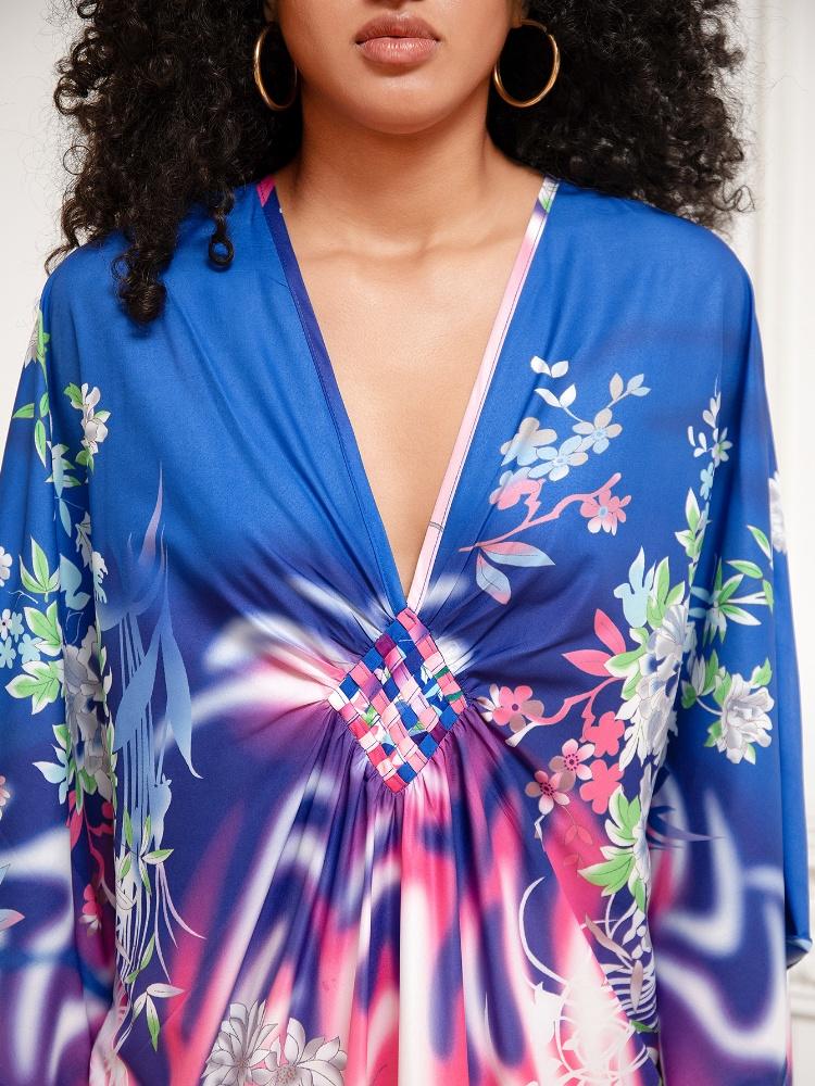 EDOLYNSA Classy Oversized Blue Bohemian Women's Kaftan Robe Holiday Party Dress Light jacket Swimsuit cover-up Lounge wear Q1289