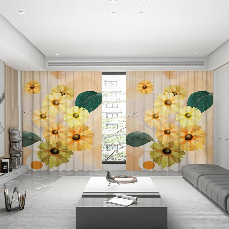 New Swan Cherry Blossom Sunflower Flower High Blackout Curtain Girls Bedroom Space Living Room Thick Shading Curtain Modern Style Drapes