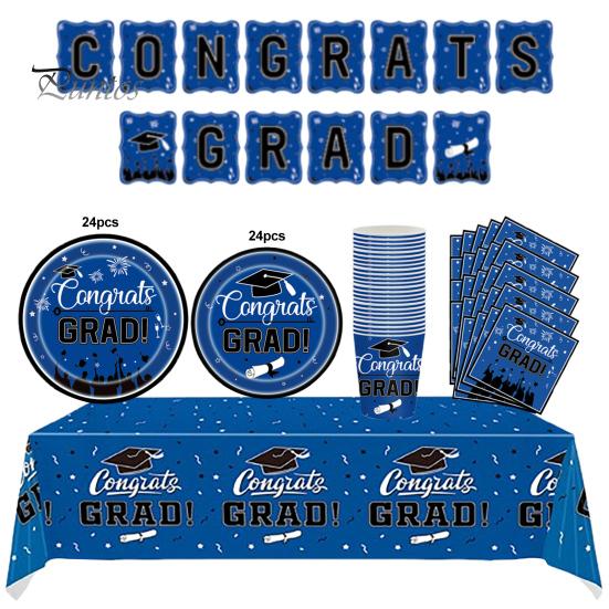 Набор одноразовых столовых приборов для выпускного вечера 2025 года. Поздравления выпускникам. Принадлежности для ужина с бумажными стаканчиками, тарелками, скатертью, баннерными салфетками.
