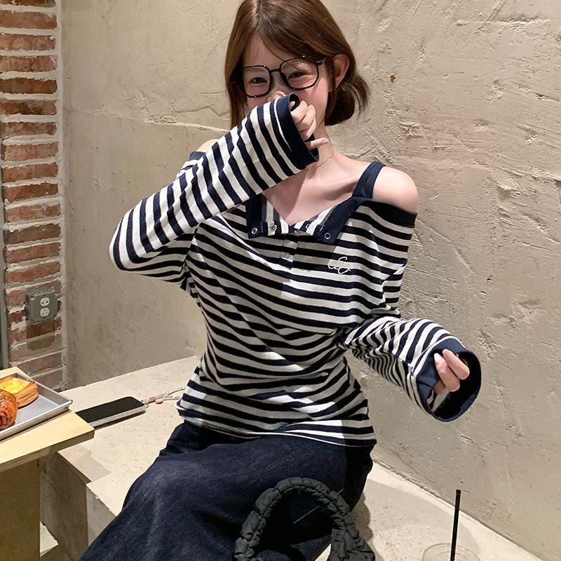 Korean Sweet & Spicy Striped Off-Shoulder Long Sleeve Top - Women's Autumn Design