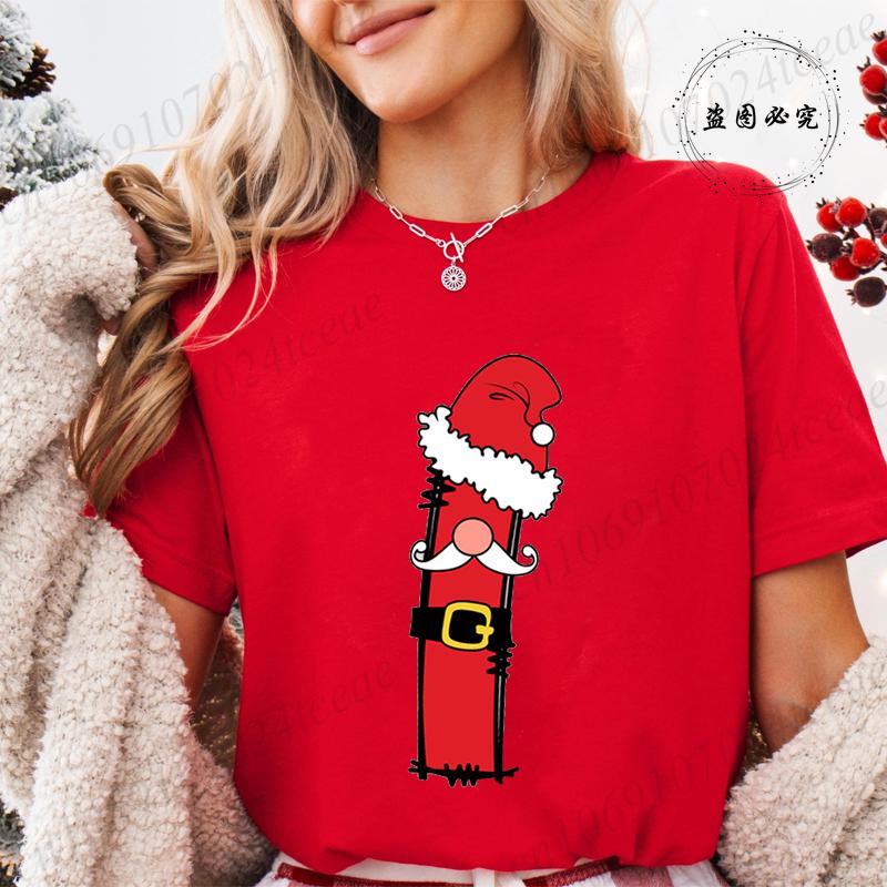Summer Y2k Women T-shirt Christmas Santa Alphabet A~Z Printed Female Clothing Short Sleeve Tops Christmas Santa Party Tee Shirts