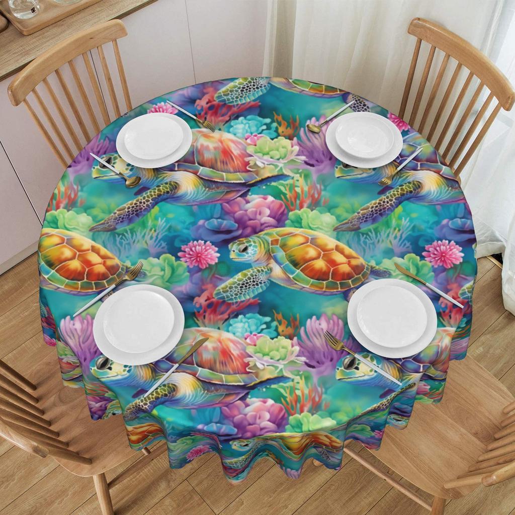 Round Sea Turtle Ocean Marine Life Tablecloth 70 inches Kitchen Dinning Table Cloth Waterproof Funny Colorful Table Cover