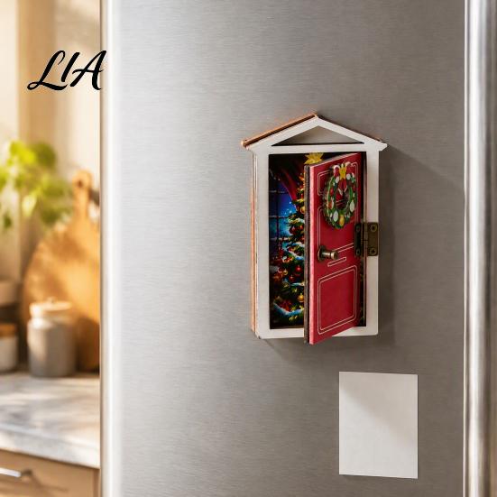 Christmas Party Supplies Elf Door Fridge Magnet with LED Light, Wooden Magnetic Decorations Refrigerator Magnet, Openable Mini Decoration for Holiday