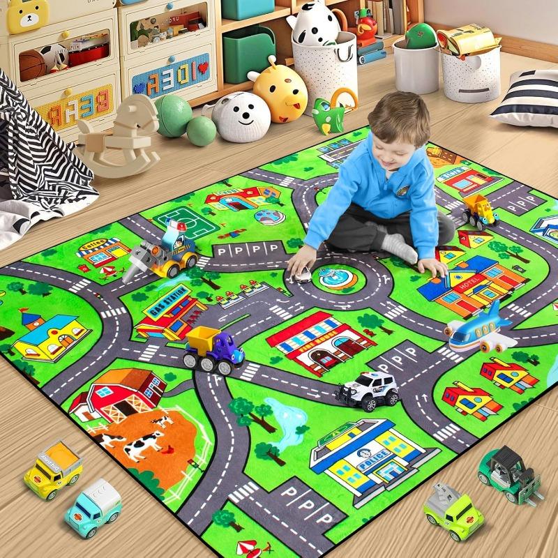 Dinosaur World Play Rug, Interactive Road Map Carpets Educational Floor for Bedroom Living Room Play Area Gift for