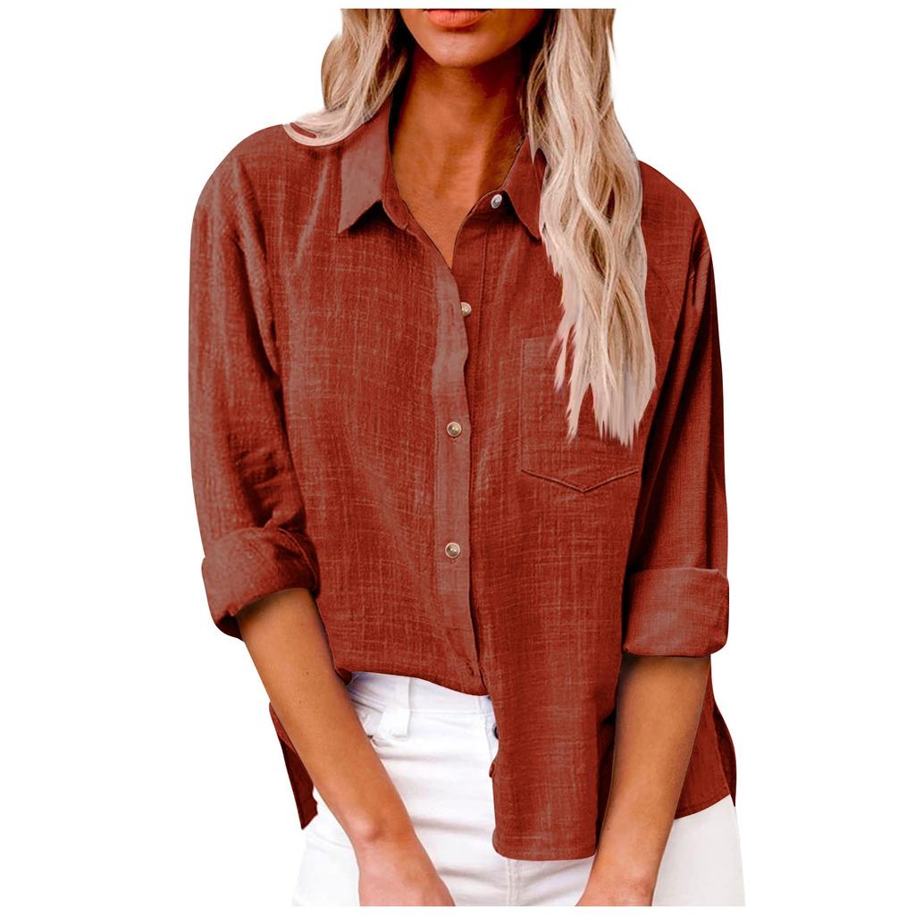 Women's Autumn Long Sleeve Button Solid Color Loose Shirt Casual Large Size Shirt