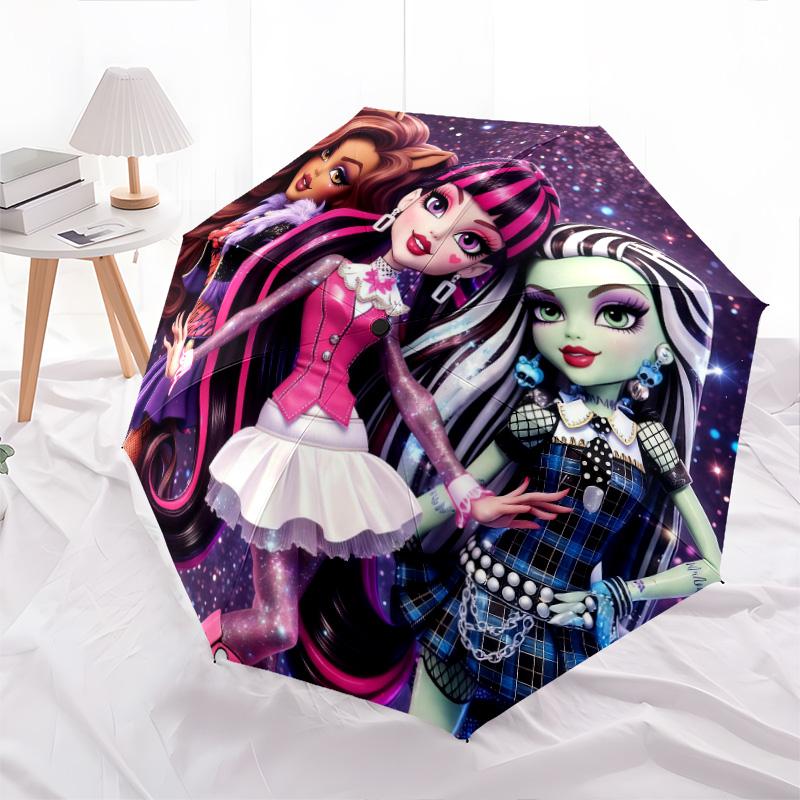 Monster High pattern, automatic folding umbrella, portable and foldable design, 8 ribs, a Christmas or birthday gift.