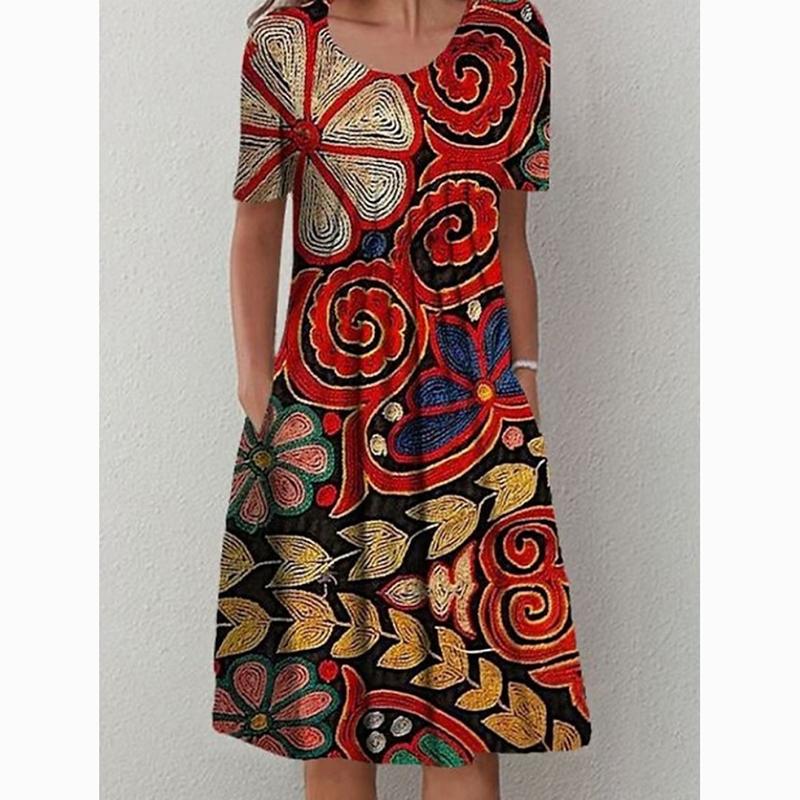 Весенне-летнее повседневное платье больших размеров с цветочным принтом для женщин, элегантное свободное длинное платье трапециевидной формы, женские платья с карманами и круглым вырезом 24063