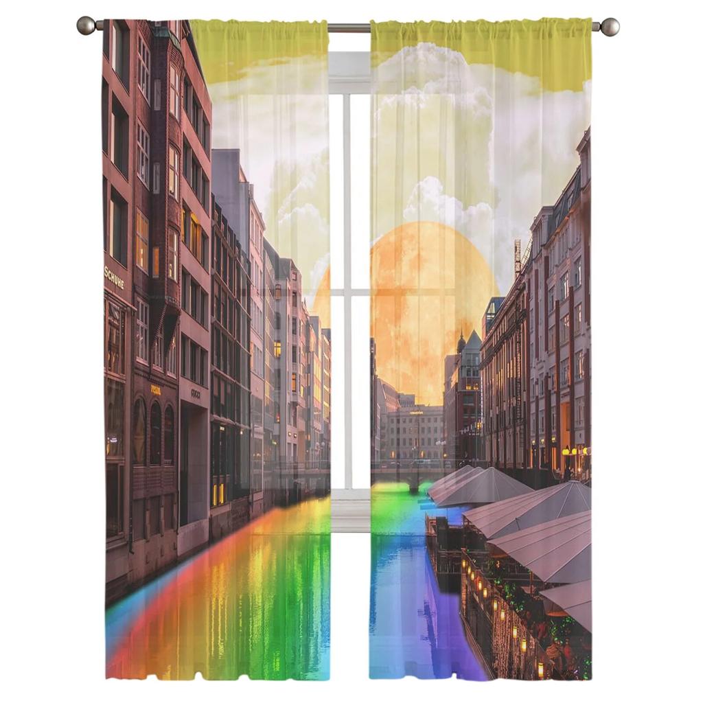 Moon Rainbow Composite Tulle Curtains for Living Room Bedroom Sheer Curtain for Balcony Hall Fashion Printed Home Drapes